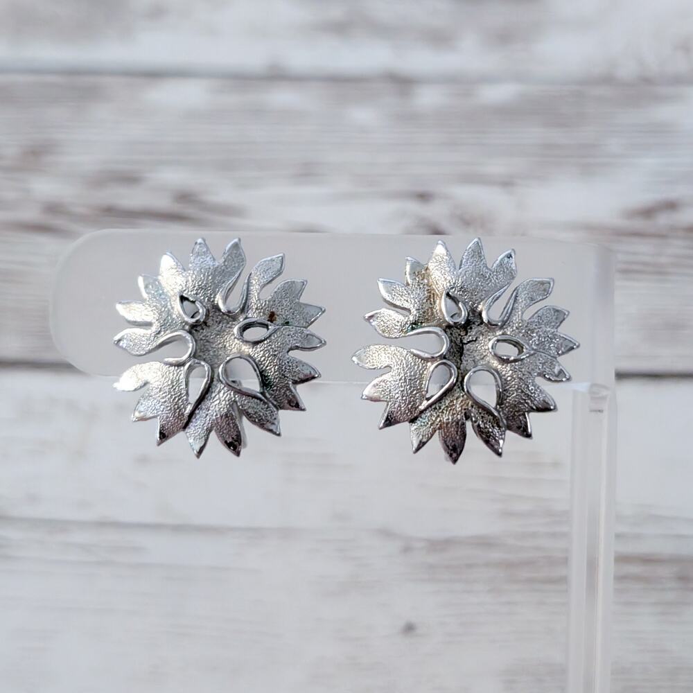 Vintage Clip On Earrings Silver Tone Statement 7/8" - Condition Issues